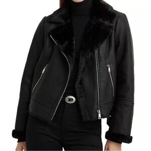 Ralph Lauren Black Moto Jacket Size Faux Shearling Lined Leather Women’s Size XS
